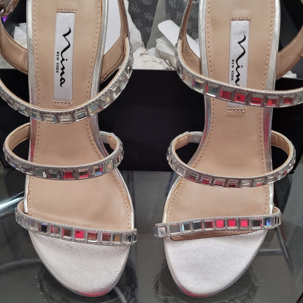 Silver rhinestone wedge strappy sandals by Nina, NIB, 7M